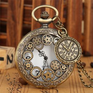 Vintage Bronze Hollow Out Gear Case Unisex Quartz Pocket Watch Antique Analog Clock Necklace Chain for Men Women Gift