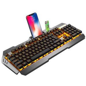 Metal Backlit Gaming Keyboard USB Wired Optical Gamer for Desktop Illuminating Breathing Keys Metal Stand and Phone Holder with Wrist Rest
