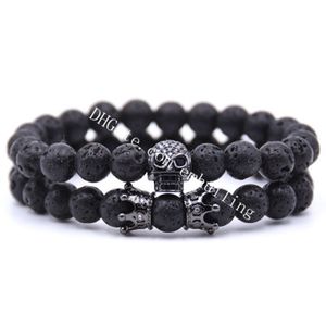 Hennes kung hans drottning krona skalle huvud långdistansförhållande armband för par naturlig lava sten vulkanisk rock matchande armband set