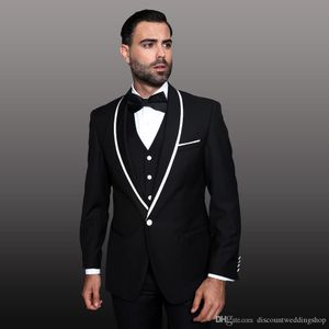 Новые модные Черный Groom Tuxedos шаль лацкане Человек Рабочий костюм Мужская Blazer Dinner Party костюмы (куртка + брюки + жилет + Tie) J767