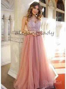 Dusty Rose Long Tulle Prom Dresses 2019 Corpetto lucido Scollo a V Sparkly Crystal Blush Junior Princess Abiti da sera per feste Abiti da sera