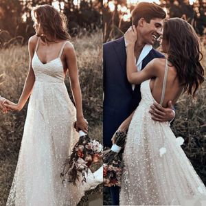 Волнистые платья, богемное пляжное свадебное платье с вырезом спагетти и открытой спиной, тюль, свадебное платье в стиле кантри, Vestido De Novia