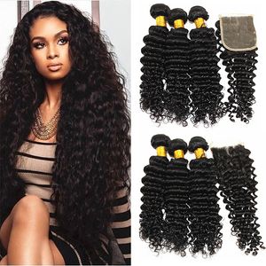 Dilys Kinky Curly Hair Bundles with Closure Free Part Peruvian Human Hair Weaves with 4x4 Hair Closure Natural Color 8-28 inches