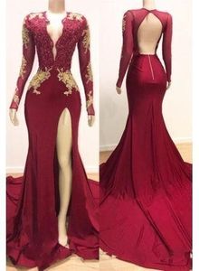 2020 Wine Red Elegant Evening Formal Dresses Mermaid Long Sleeve Jewel Backless Gold Applique Beaded Lace Party Prom Dress Vestidos De