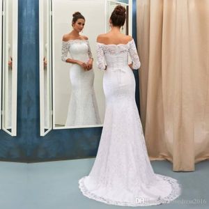 Elegant Full Lace Mermaid Bröllopsklänningar 1/2 Ärmar Av Skulder Korsett Tillbaka Sweep Train Bröllopsklänning Bröllopklänningar Vestidos