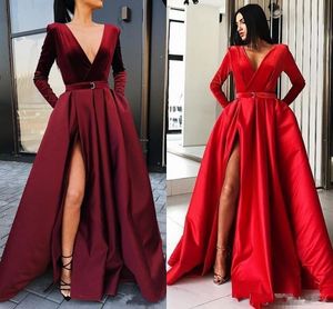Sexy Deep V Neck Veet Evening Dresses Wear Long Sleeves Bury Red Black High Split Floor Length Party Quinceanera Formal Prom Gown