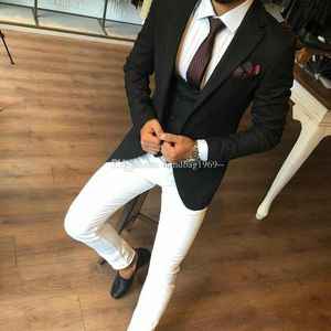 Sıcak Satış Tek Düğme Siyah Damat Smokin Çentik Yaka Groomsmen Erkek Takım Elbise Düğün / Balo / Akşam Yemeği Blazer (Ceket + Pantolon + Yelek + Kravat) K510