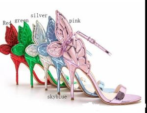 Frete grátis sandálias femininas de couro envernizado salto alto fivela rosa bordado sólido ornamentos de borboleta 3D Sophia Webster peep-toe 6 cores