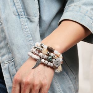 Set da 4 pezzi di bracciale con perline multistrato per uomo e donna, avvolto in pietra naturale, braccialetto con ciondolo con nappa impilabile, perline elastiche Boho multicolor