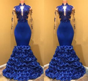 Exquisite 3d Floral Formal Suknie Wieczorowe Sheer Z Długim Rękawem Royal Blue Party Dress Lace Aplikacja Pagewne Suknie Custom Made Evening Wear