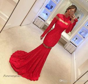 2019 Gorgeous Red High Neck Lace Aftonklänning Dubai Arabiska Billiga Långärmad Formell Wear Party Gown Custom Gjorda Plus Storlek