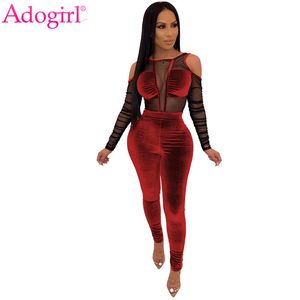 adogirl sheer 메쉬 패치 워크 벨벳 Jumpsuit 여성 섹시한 콜드 어깨 긴 소매 스키니 romper 나이트 클럽 바지 Bodysuits T200107