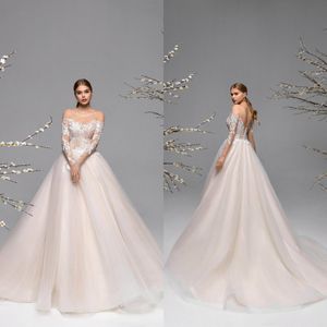 2021 Fashion Wedding Dresses Scoop Neck Long Sleeves Backless Bridal Gowns Custom Made Lace Appliques Sweep Train A-Line Wedding Dress