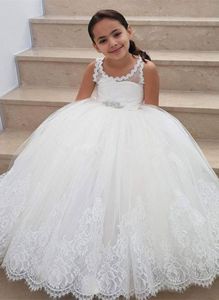 Juwel-Ausschnitt Spitze Prinzessin Blumenmädchenkleider Perlen Schärpe Tüll Applikation Geburtstagsfeier Erstkommunion Kleider für kleine Mädchen