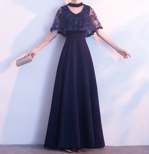 Elegancka Szyfonowa Matka Navy Matka panny Młodej Dress Długie Sukienka Matki Z Wrap Tiul z kwiatową aplikacją