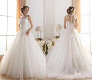 Decote sexy de jóia de jóia A-line vestidos de noiva de renda de renda de renda lacta ilusão sem costas Princesa Bridal Vestidos de bola personalizados Made Hy348