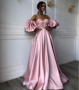 Saudi-Arabien rosa langes Abendkleid mit Puffärmel Plus Size A-Line 3D-Floral Applices Satin Dubai 2020 Prom Kleider formelles Kleid