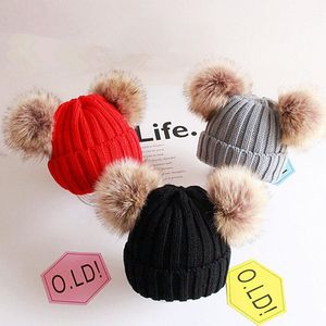 2019 New Warm Elastic Children Boy Girls 2 Pompom Ball Knitted Skullies Hat Beanie Caps 1-5T