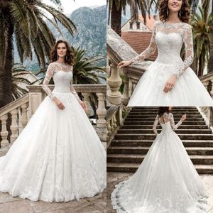 Abiti da ballo di lusso su misura Abiti da sposa Gioiello Collo in pizzo Maniche lunghe Applique Abiti da sposa Sweep Train Abito moda taglie forti