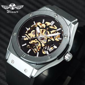 Vencedor Moda Mens Relógios Top Marca de Luxo Automático Mecânico Esporte Assista Men Rubber Strap Skeleton Dial Hip Pop relógio de Pulso J190706