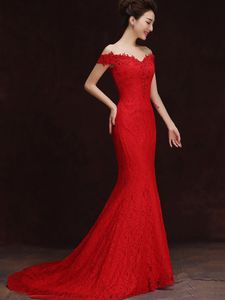 Bride toast new fish tail evening dress long tail shoulder red ball dress