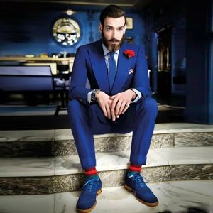 Yakışıklı Royal Blue Mens Düğün Smokin Bir Düğme Damat Suits Yaka Slim Fit Prom Parti Blazer Ceket (ceket + pantolon) Peaked