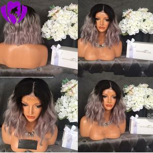 Dark Roots Short Bob Loose Wave Ombre Purple Wig 150% Density Synthetic Lace Front Wigs for Women Hair Heat Resistant Fiber