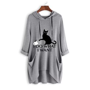 T 셔츠 여성 캐주얼 인쇄 고양이 후드 T 셔츠 롱 셔츠 포켓 불규칙한 긴 소매 플러스 사이즈 여성 티 상판