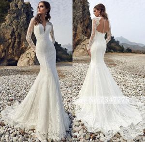 Sexig Elegant Vit Lace Mermaid Bröllopsklänningar V Neck Långärmad Backless Court Tåg Bröllop Bröllopklänningar Vestidos de Soiree