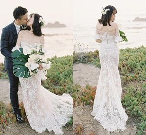 Lace Elegant Full Mermaid Dresses Tulle Half Sleeves Sweep Train Country Wedding Gown Vestido De Novia