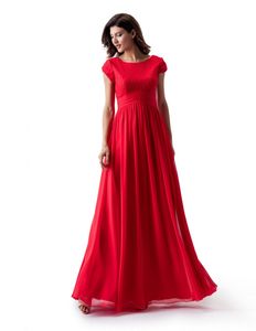Simple Red A-line Lace Chiffon Long Modest Prom Dress With Cap Sleeves New Elegant Jewel Neck Floor Length Formal Evening Party Dress