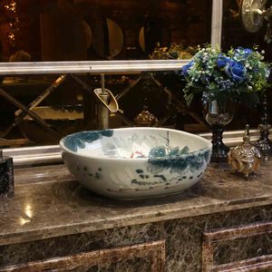 Lotus Square Jingdezhen ceramic art countertop wash basin bowl for bathroom sinks bowl patterned ceramic sink