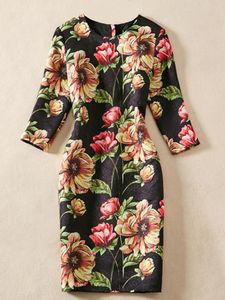 Robe jacquard fourreau florale pour femmes col rond manches 3/4 mini robes de soirée