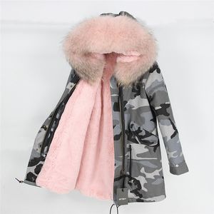 Echt Pelzmantel Marke 2019 Lange Camouflage Parka Winter Jacke Mantel Frauen Parkas Große Natürliche Waschbären Pelz Kragen Warme Dicke