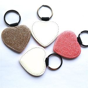 sublimation glitter leather keychains blank pink golden heart shape key ring with bright powder hot transfer printing consumables