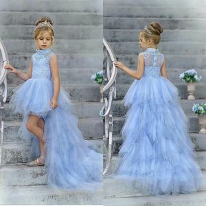 Light Sky Blue Hi-Lo Flower Girls Dresses High Collar Lace Appiques Beads Kids Formal Wear Birthday Dress Toddler Girls Pageant Gowns
