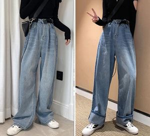 Kvinnliga jeans överdimensionerade byxor förlorar hög midja bred ben jean koreansk stil all-match hål i full längd denim byxa