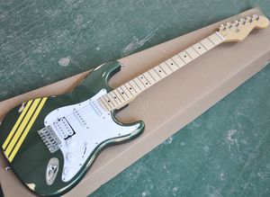 Gitara elektryczna zielonych stylów z żółtym paskiem, biały pickguard, Maple Fretboard, można dostosować jako żądanie