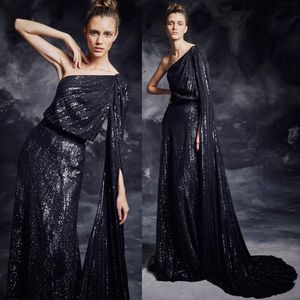 2019 Shiny Sequined Evening Dresses One Shoulder Sexy Sheath Black Prom Gowns Floor Length Formal Party Dress