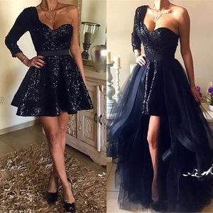 Sexy 2019 Detachable Skirt Prom Dresses Short One Shoulder Long Sleeve A Line Shiny Sequined and Tulle Black Evening Dresses Formal Gowns