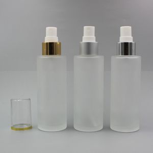 Bottiglia vuota per nebulizzazione fine spray in vetro gelido da 100 ml Dispenser per pompa per crema in vetro rotondo riutilizzabile da 3,4 once Collare in oro argento con spruzzatore in alluminio