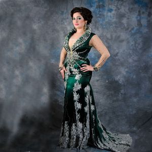 Aso Ebi Lace Mermaid V Neck Long Aftonklänningar Arabiska Sheer Långärmade Satin Applique Beaded Golv Längd Formell Prom Party Gowns 2020