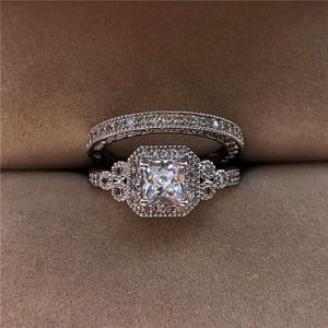 Luxo branco zircon anel de pedra conjunto novo moda 925 anel de noivado de prata anéis de casamento vintage para mulheres conjuntos de nupcial