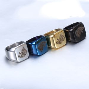 Wholesale- Stainless Steel Ice wolf Pattern Geometric Square Men Signet Rings Male Fashion Jewelry Silver Black Gold Blue