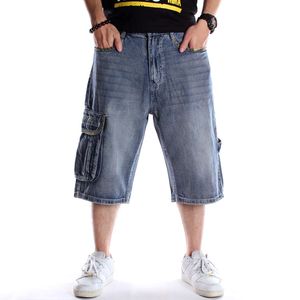 Erkeklerin gevşek hip hop cepleri kargo denim şort ve büyük boyutlu harfler nakış kot pantolon kaykay sokak kıyafetleri capri