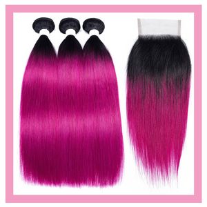 Malezyjski 100% Human Hair 1B Purple Proste Dziewicze Produkty Włosów 3 Wiązki z 4x4 Koronki Zamknięcie środkowe trzy wolne części proste 1b / fioletowy