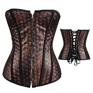 Women Skulls Printed Steampunk Corset Black Panels Fashion Plus Size S-6XL Overbust Lace-up Vintage PU Leather Brown Gothic Corset
