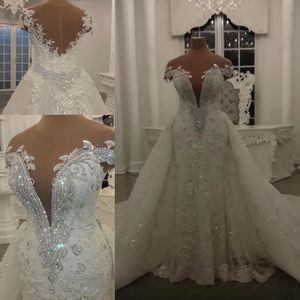 Роскошные свадебные платья русалки с съемными юбками сияющие блестки кристаллы бусинки аппликации прозрачные длинные свадебные платья без спинки