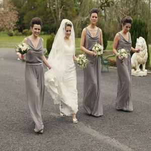 Simple Design Silver Cowl Neck Bridesmaid Dresses Cheap Sheath Floor Length Chiffon Formal Party Bride Plus Size fitted rustic country gown