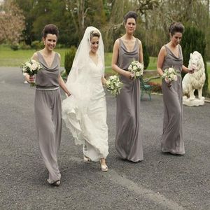 Simple Design Silver Cowl Ceen Bridesmaid платья дешевые Оболочка Длина пола Шифон Формальная Вечеринка Невеста Плюс Размер Установленная Платье в деревенской Стране